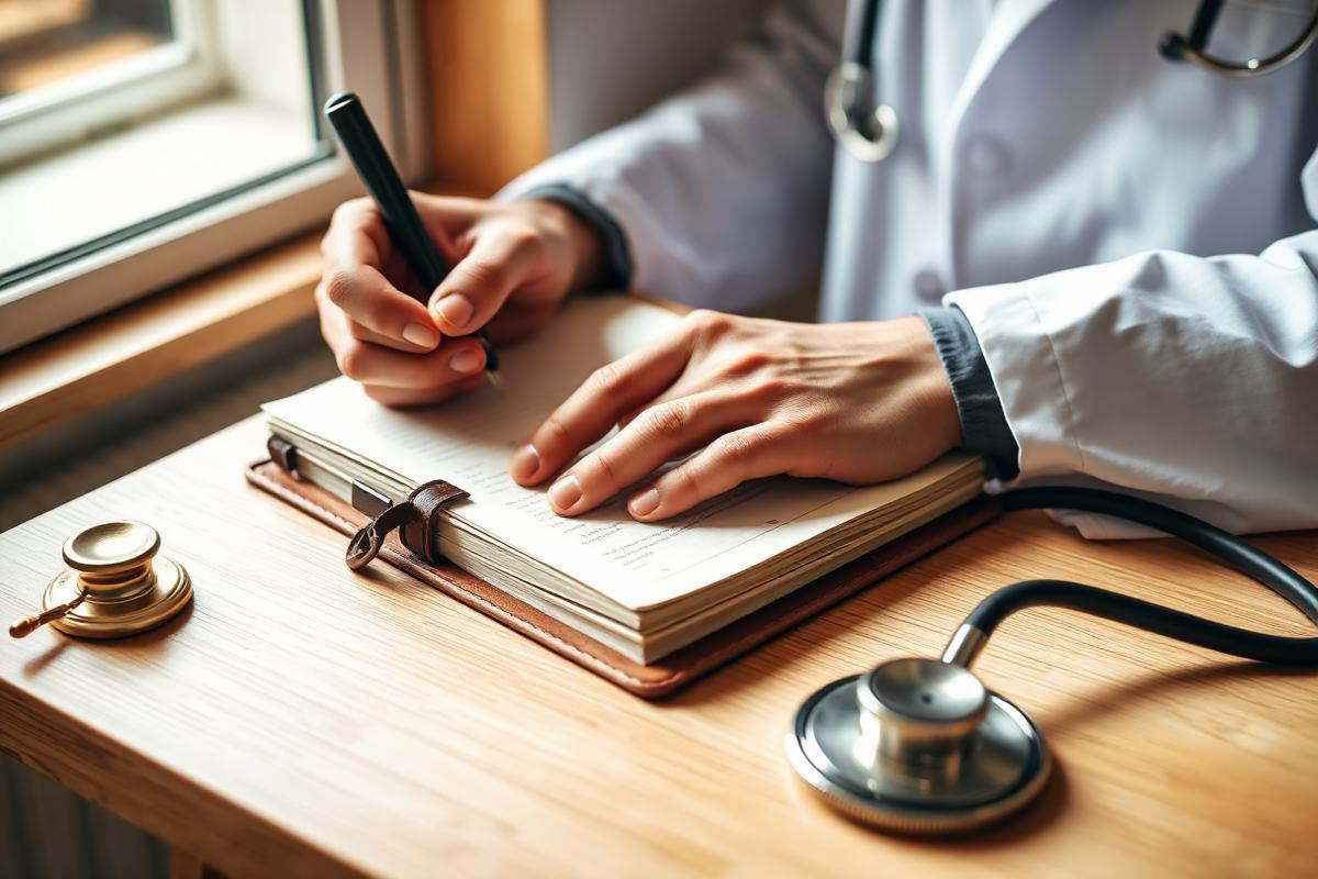 A doctor's hands writing in a medical journal beside a stethoscope on an oak desk